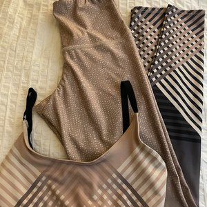 Onzie Flow High Rise Yoga Leggings Tan Stripe  + Matching Top  RARE out of prod